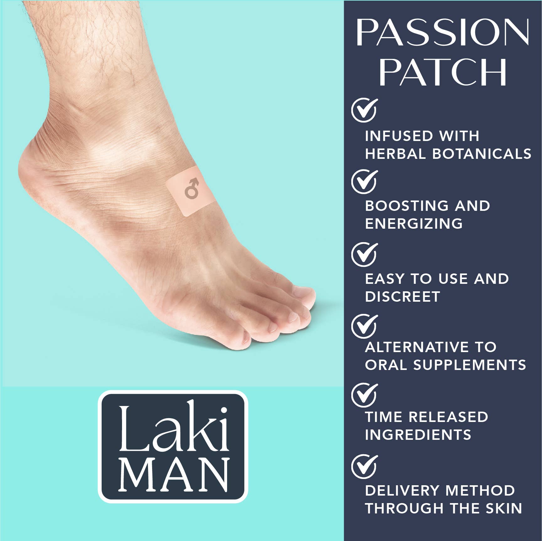 Laki Man passion patch on a foot with product features listed on a blue background