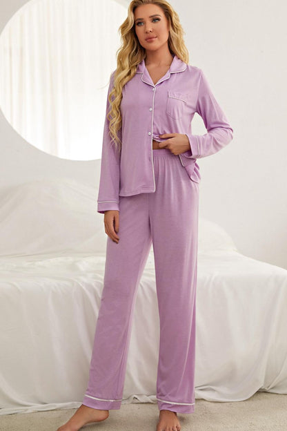 Contrast Piping Button Down Top and Pants Loungewear Set - Flow+Glow