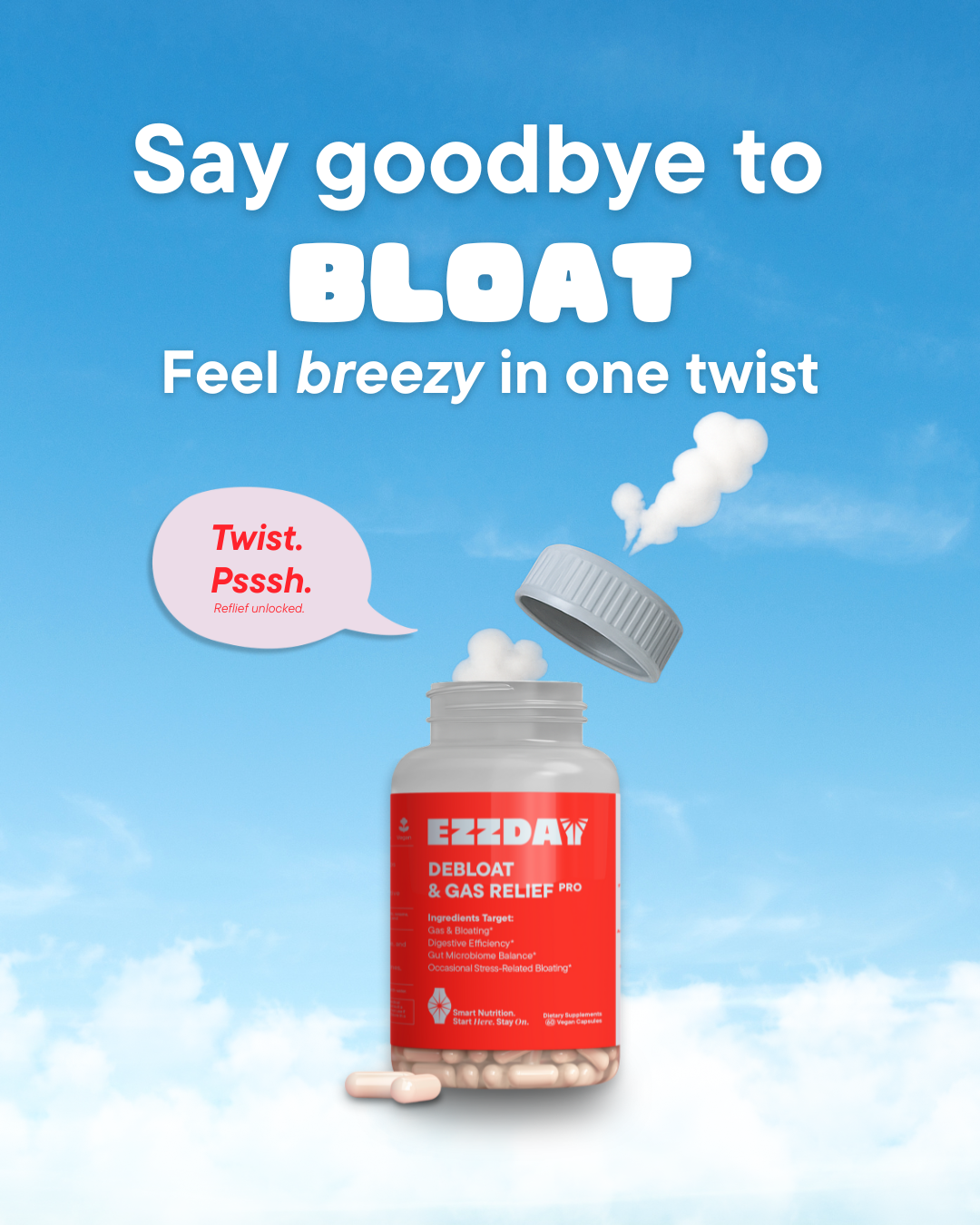 Ezzday deloat and gas relief product with a blue sky background