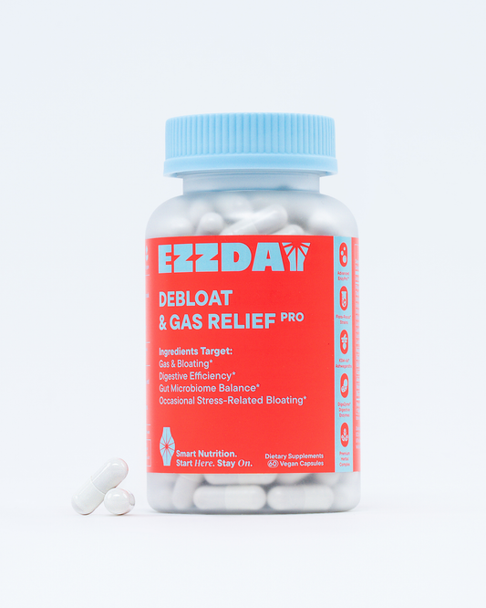 Bottle of EZZDA Debloat & Gas Relief Pro on a white background