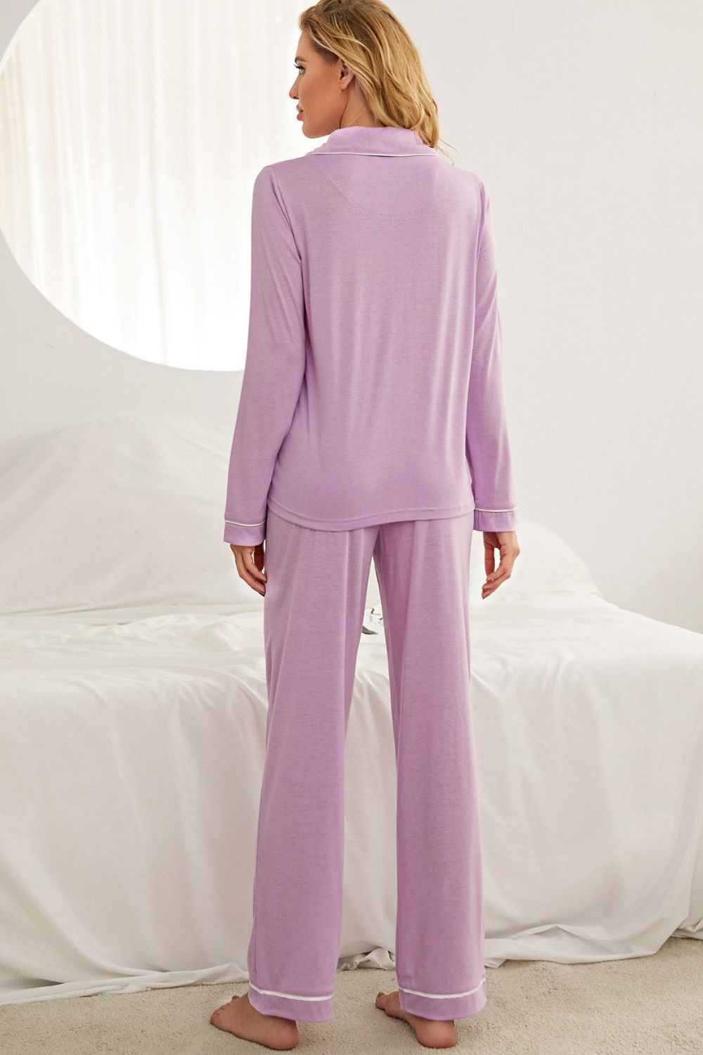 Contrast Piping Button Down Top and Pants Loungewear Set - Flow+Glow
