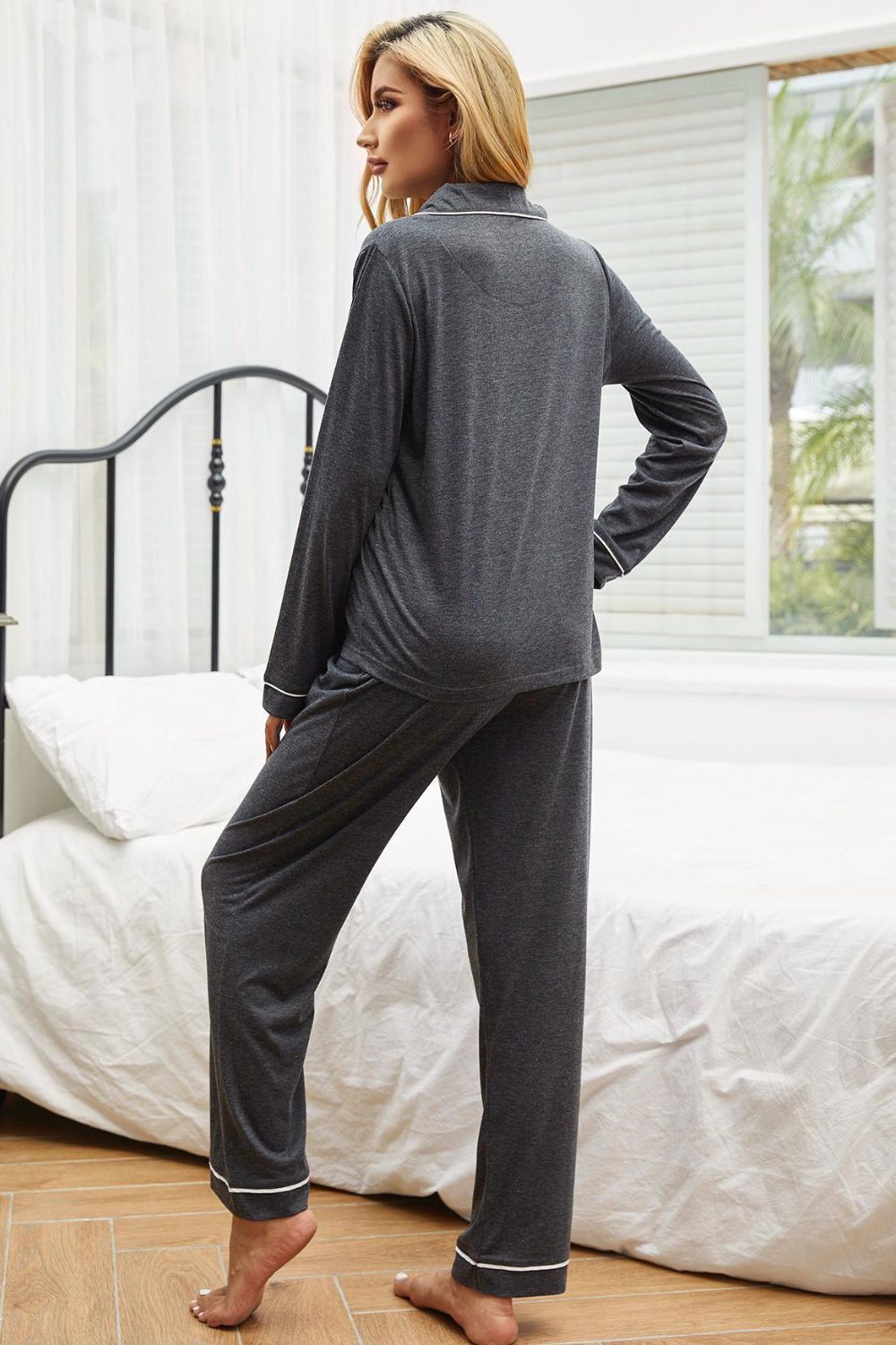 Contrast Piping Button Down Top and Pants Loungewear Set - Flow+Glow