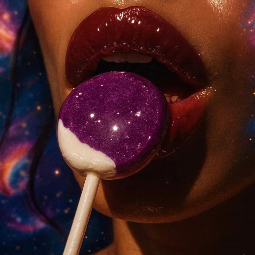 Close-up of a person's mouth holding a purple lollipop with a white base.